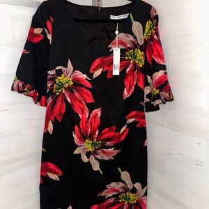 Trina Turk Lounge Festive Floral Faille Ruffled Hem Shift Dress